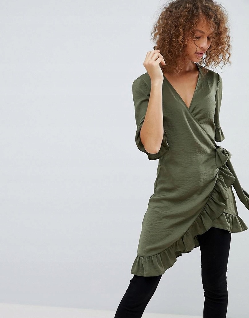 ASOS__XDJ KHAKI WIĄZANA TUNIKA Z FALBANĄ __XS