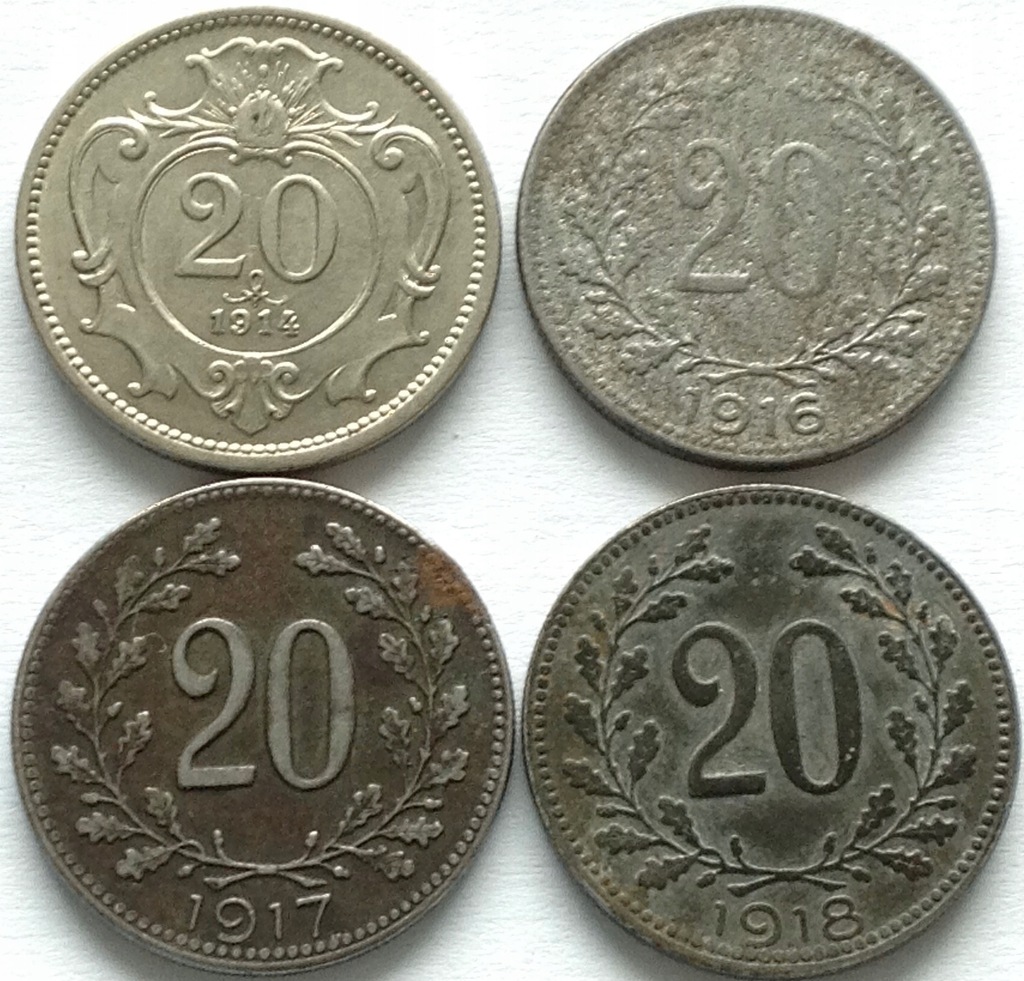 Austria 20 halerzy 1914 1916 1917 1918 (4szt)