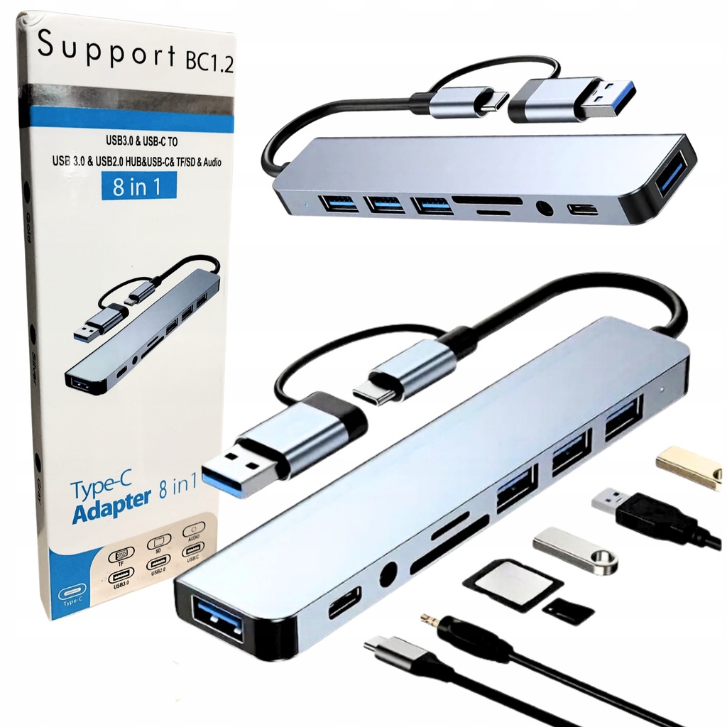 Adapter USB-C 8w1 Hub USB 3.0 USB 2.0 SD/TF Audio 3.5mm Konwerter Stacja