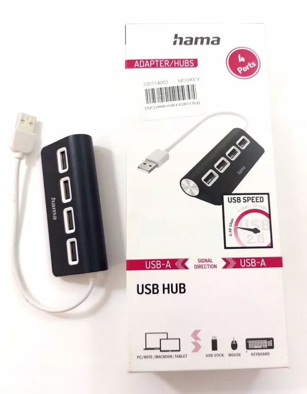 HUB USB 2.0 4XUSB-A, CZARNY HAMA