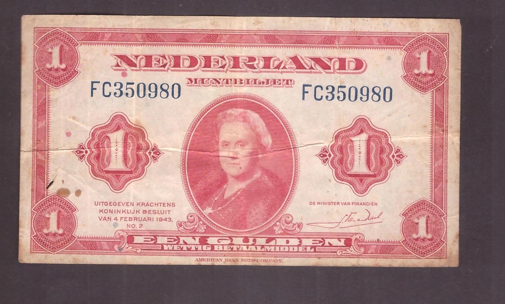 Holandia - banknot - 1 Gulden 1943 rok