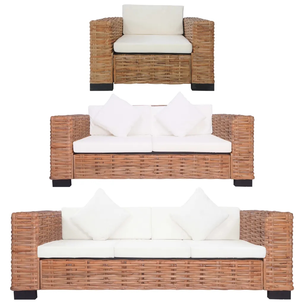 Zestaw Rattan Sof - Brązowy/Kremowy, 3s+2s+fotel