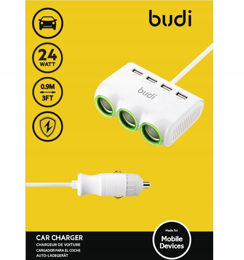 Budi - Ładowarka samochodowa 4x USB, 24W + 3x rozd