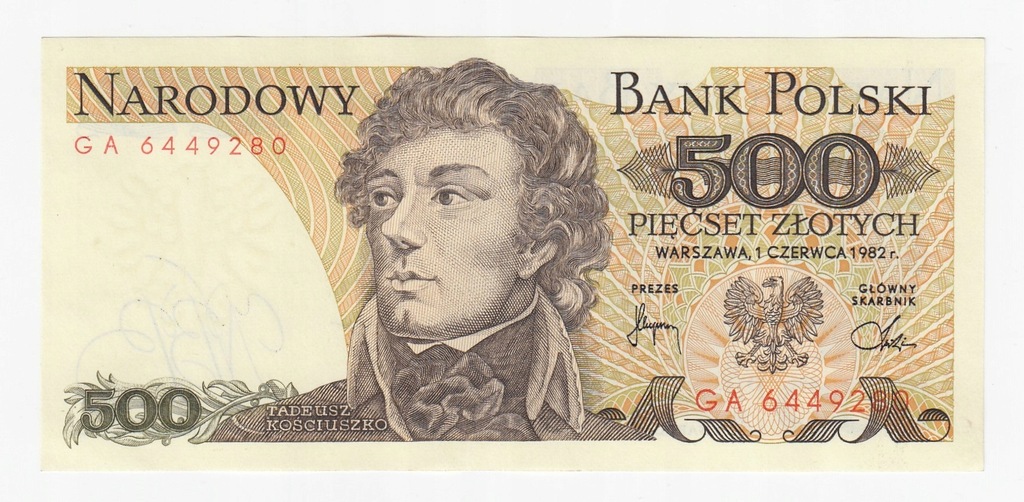 Banknot 500 zł 1982, seria GA, st. 1-/2+