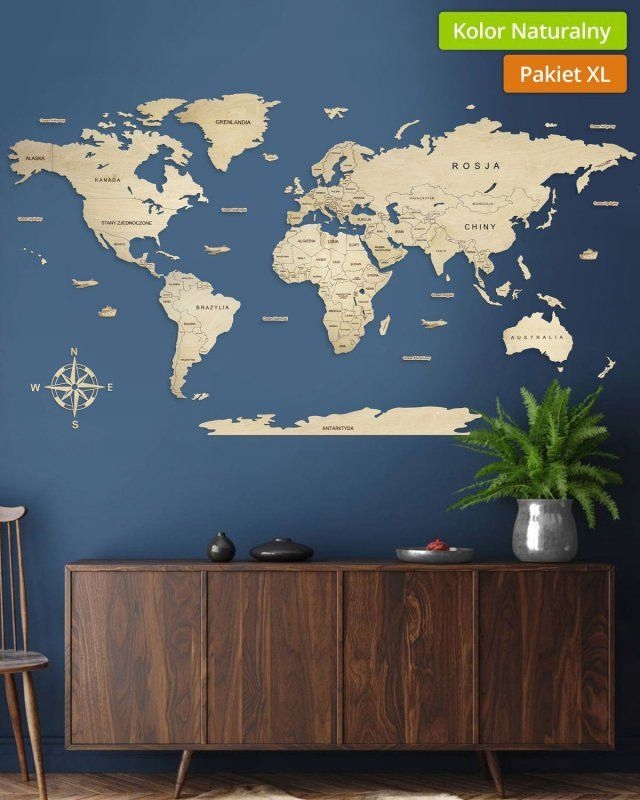 Drewniana Mapa Świata z podpisami państw 200x100cm