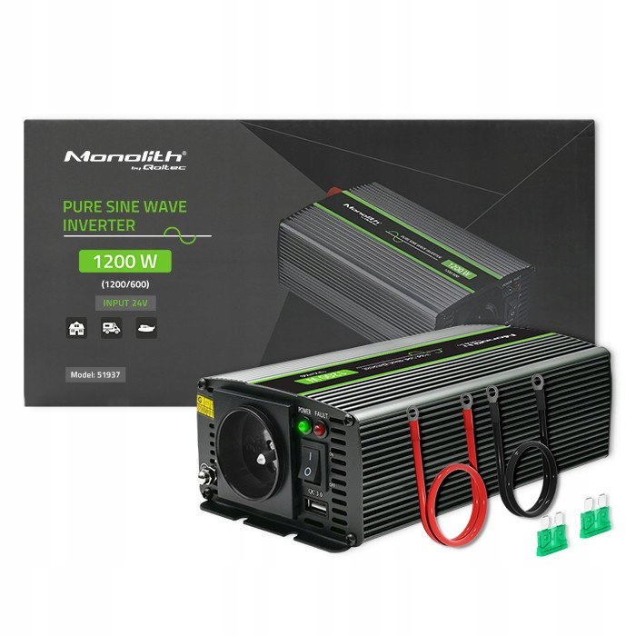 Qoltec Przetwornica napięcia Monolith | 600W | 1200W | 24V na 230V | Czysty