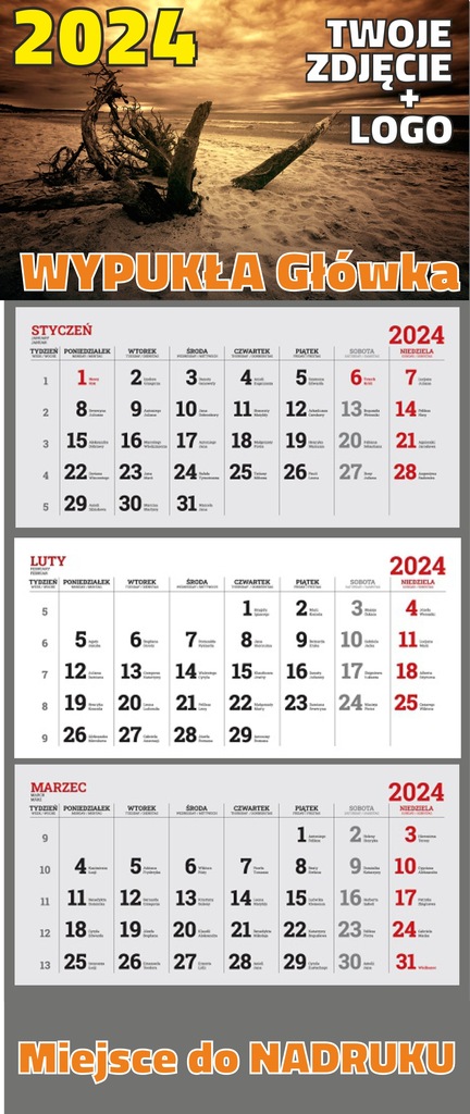 TANI Kalendarz TRÓJDZIELNY 2024 z Główką WYPUKŁĄ z Nadrukiem LOGO 50 sztuk
