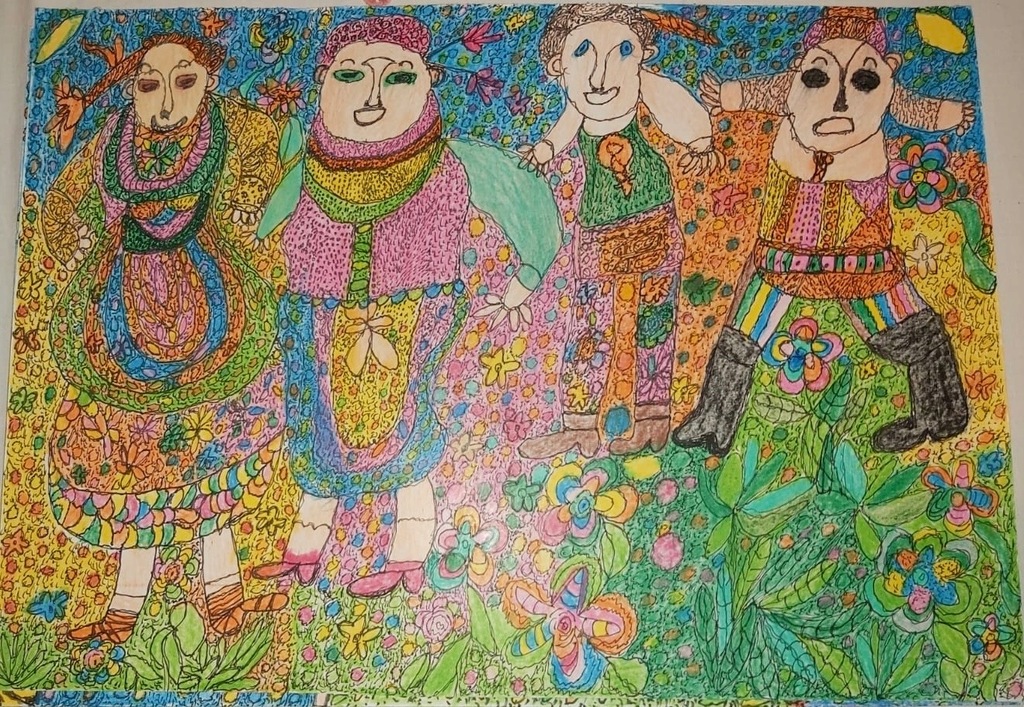 Szkic tuszem kolorowany kredkami świecowymi na bristolu, 42×30 cm