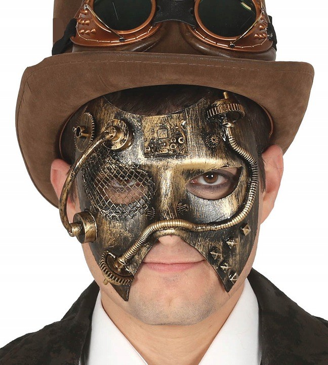 Maska steampunkowa metaliczna złota robotyczna