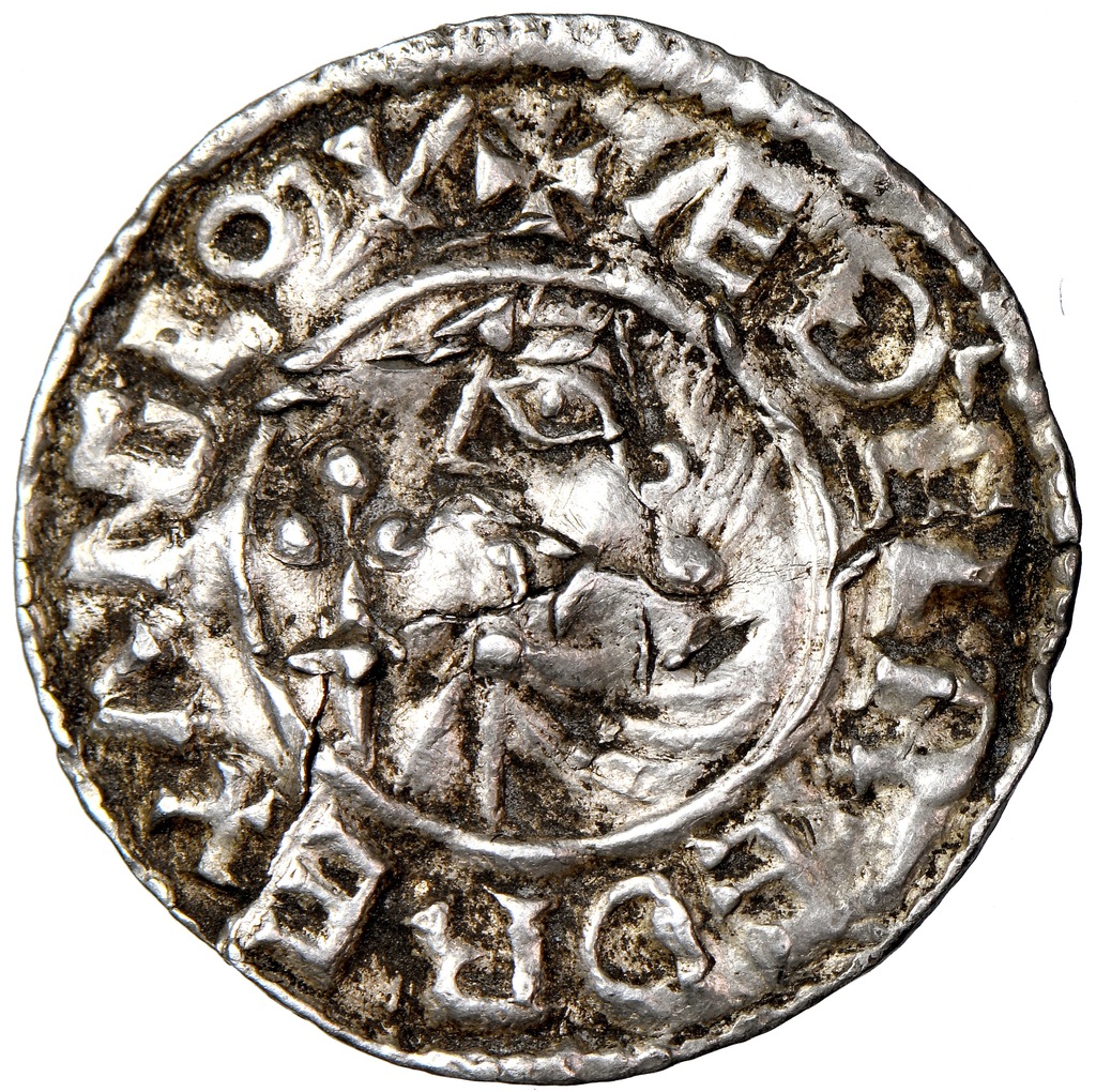 ANGLIA, Aethelred II. denar CRVX, 978-1016, Northampton, LEOFSIGE - RZADKI