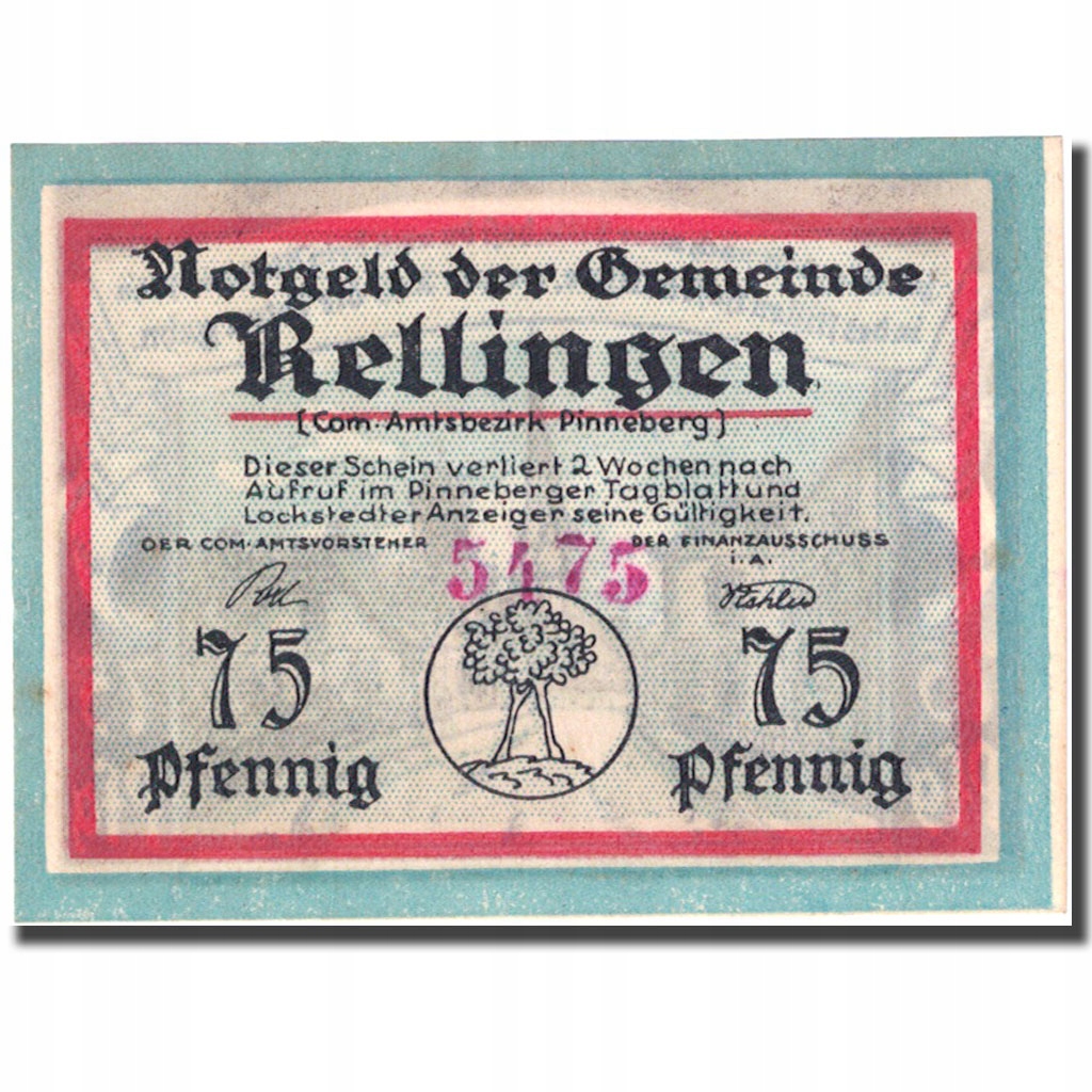 Banknot, Niemcy, Rellingen, 75 Pfennig, village, 1