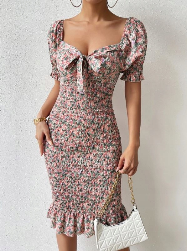 SHEIN SUKIENKA MIDI KOLOROWA W KWIATKI Z MARSZCZENIEM L 083