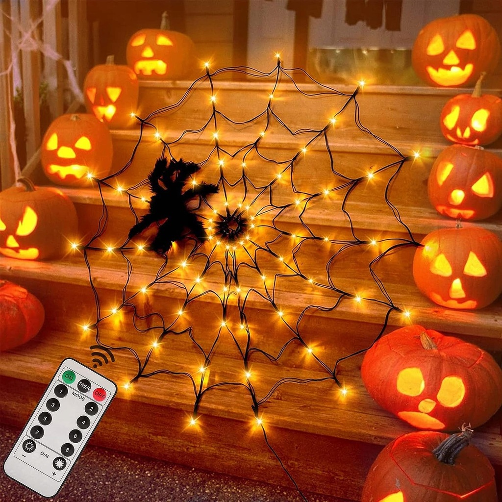 Halloween LED pajeczyna Z pajakami pilot ciepły