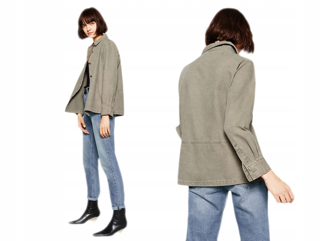 Zara - KURTKA Z NASZYWKAMI Khaki melanż XS/34