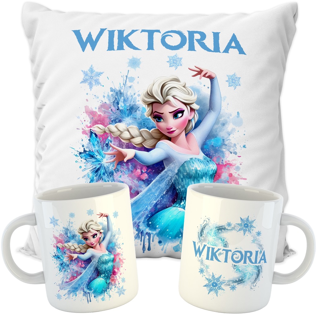 ZESTAW PODUSZKA + KUBEK FROZEN KRAINA LODU + IMIĘ PREZENT NA URODZINY ELSA