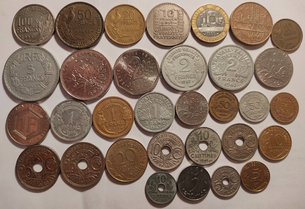 Zestaw przedwojennych, starych monet Francja 32szt