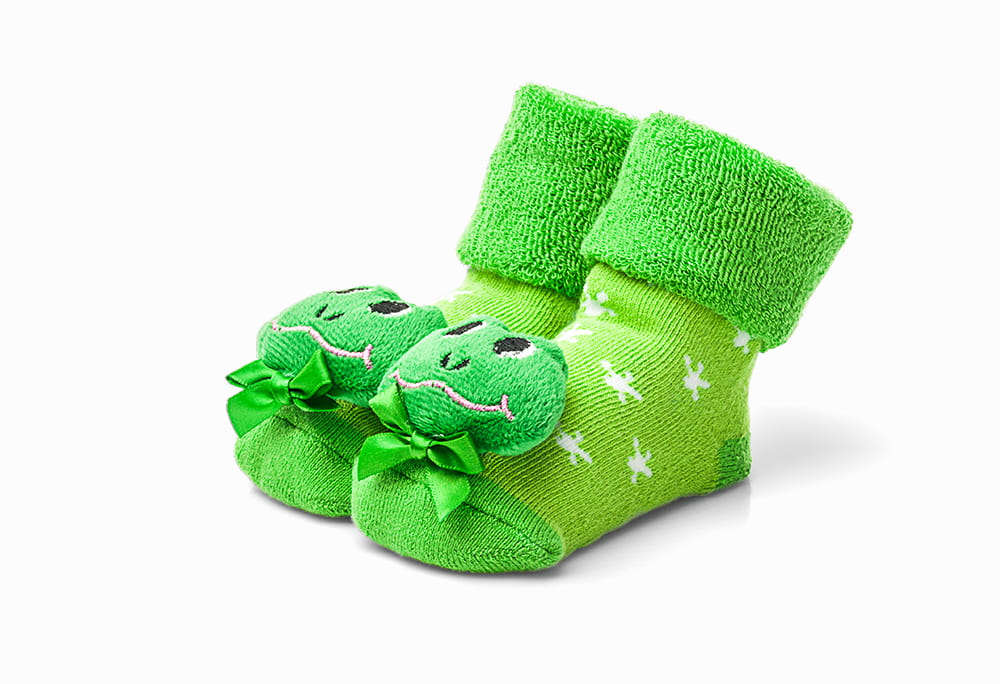 Bezuciskowe skarpetki z grzechotką 74-80-86 zielone żabki 6-12 miesięcy