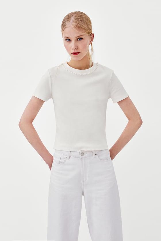 ZARA__XDL BIAŁY T-SHIRT PRĄŻKOWANY PEREŁKI__S