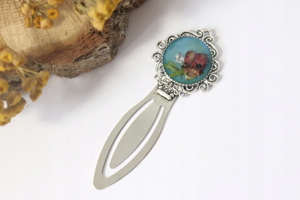 Zakładka do książki metalowa pigwa turkus żywica kwiaty