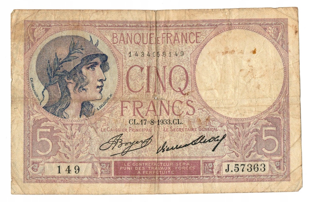 FRANCJA - 5 FRANKÓW - 1933 ROK