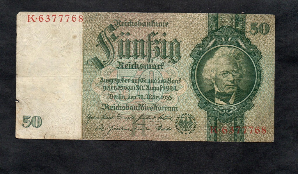 BANKNOT NIEMCY -- 50 reichsmark 1924 / 1933 rok -- Seria K