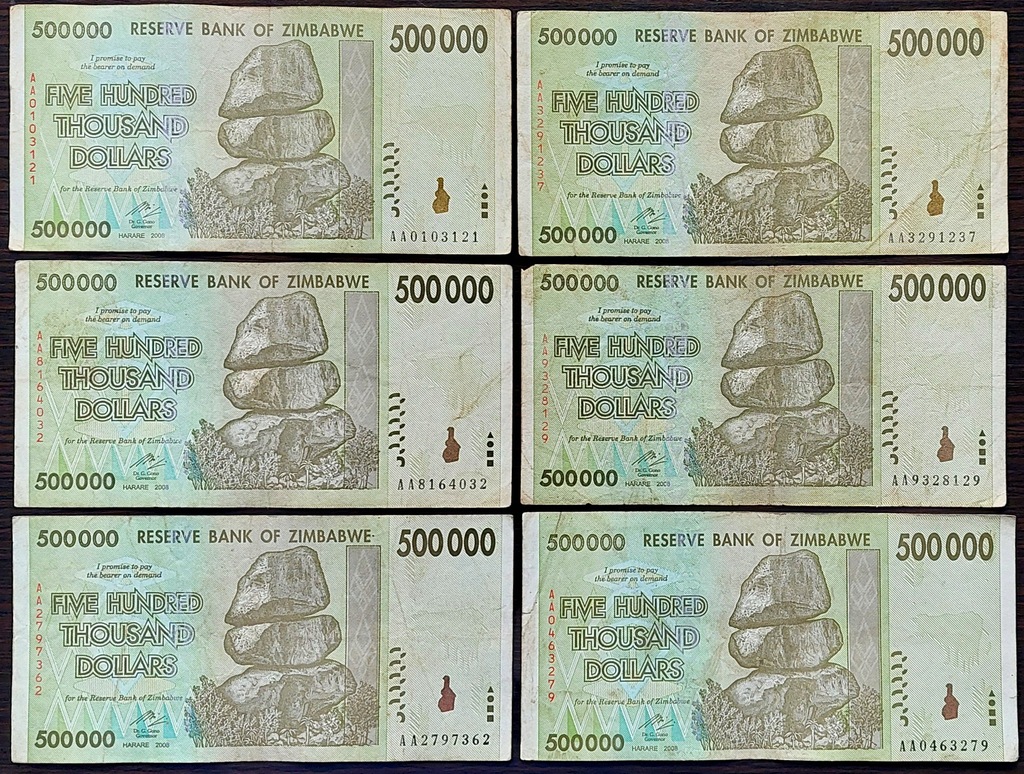 #023. Banknot Zimbabwe 500 000$ 2008r. Seria AA Obiegowy