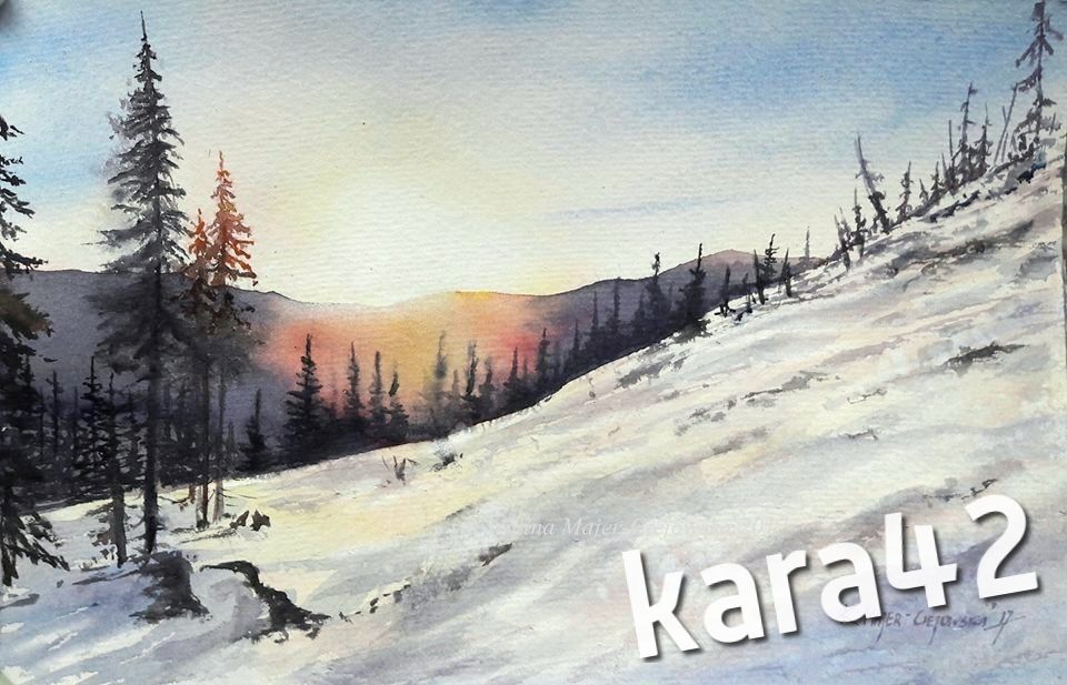 Akwarela obraz pejzaż zimowy zima góry   K. Majer
