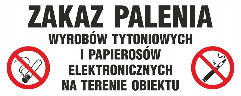Zakaz palenia wyrobów tytoniowych na terenie obiektu, 20x50 cm, PCV 1 mm