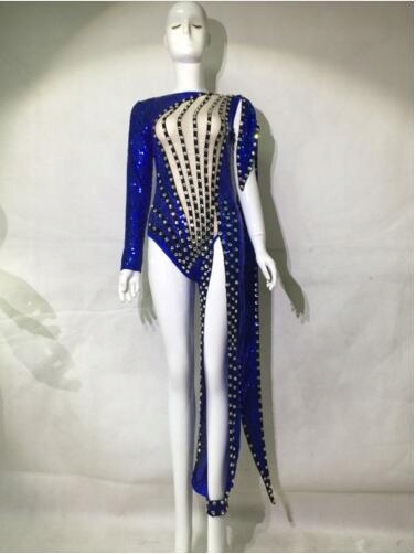 Blue Sequins Bodysuit Sexy One leg Beads Outfit Da