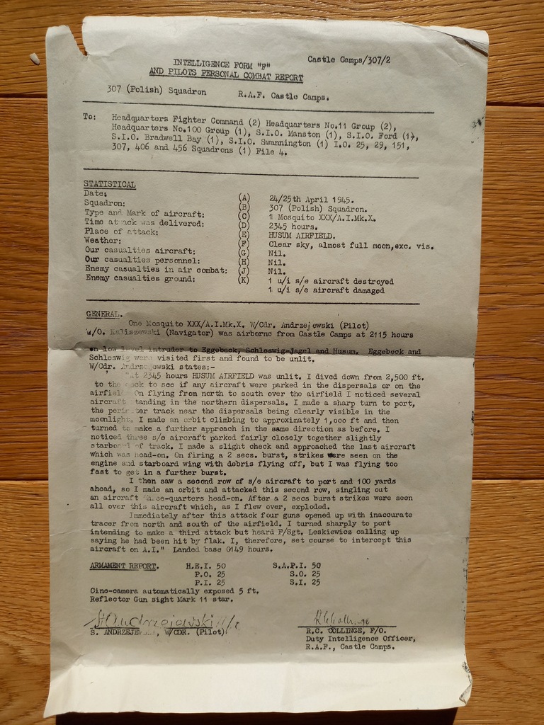 Dywizjon 307 303 RAF raport bojowy 24.04.1945 r.