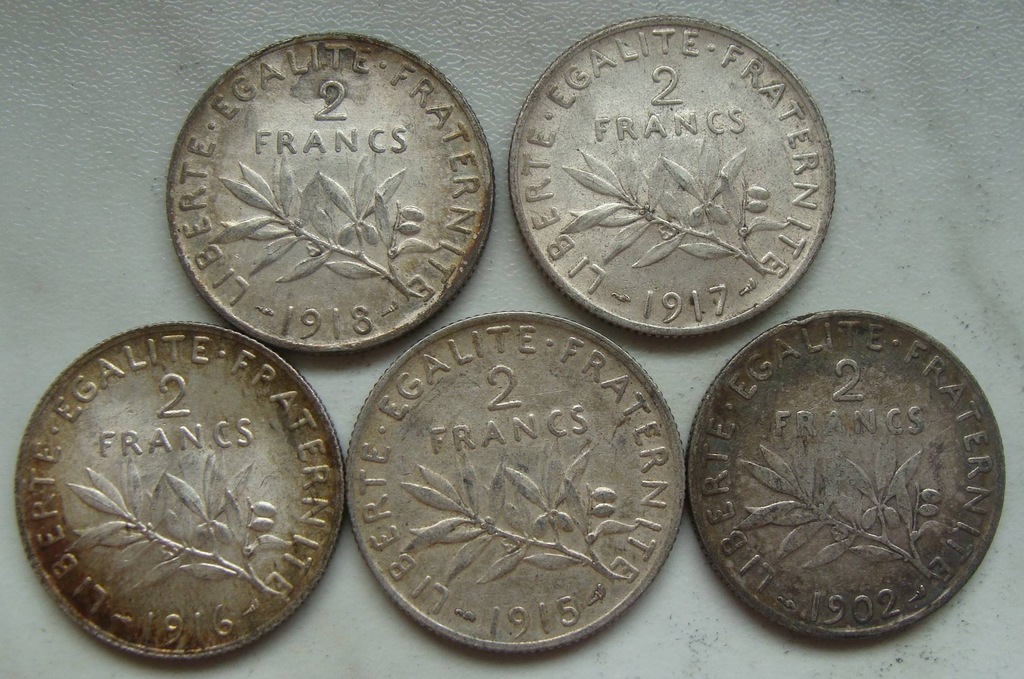 Francja 2 Franki 1902-1918 - 5 monet (różne lata)