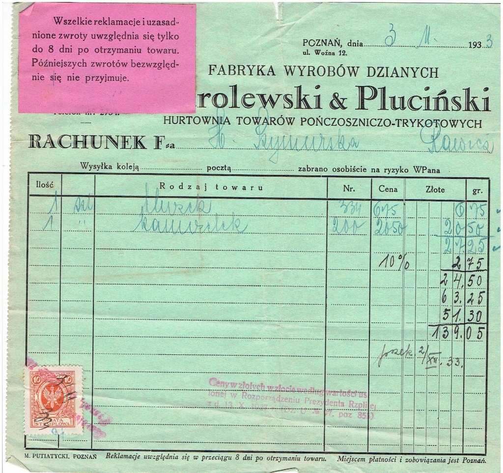 Poznań - rachunek Fa.Karolewski&Pluciński 1933