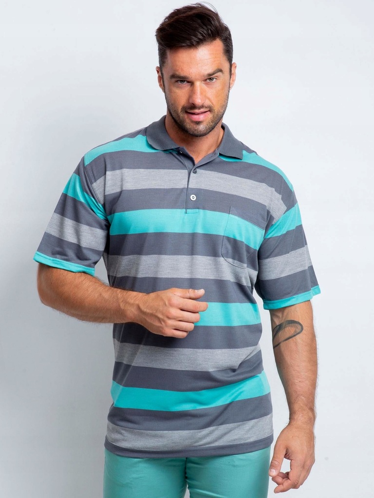 Męska koszulka polo plus size szaro-turkusowa 6XL