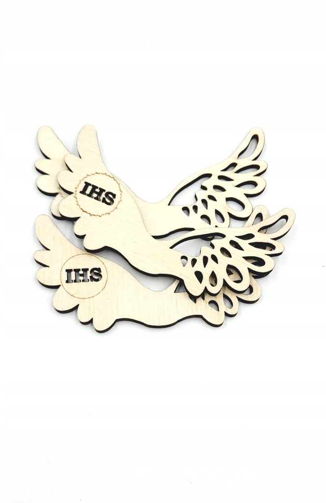 Skrzydła skrzydełka drewniane anioła 8cm z napisem IHS makrama 3szt
