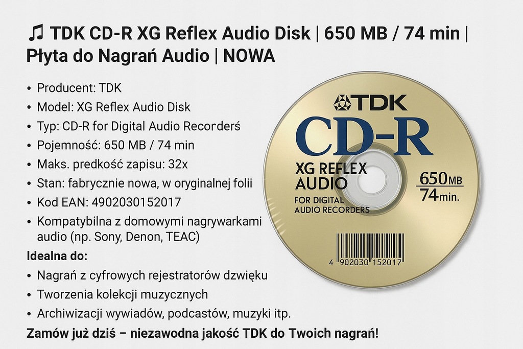 TDK CD-R Audio XG Reflex 74 min - Oryginalna płyta do nagrań - Nowa