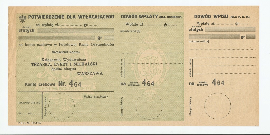 Blankiet wpłaty Wielka Geografia Powszechna z 1936