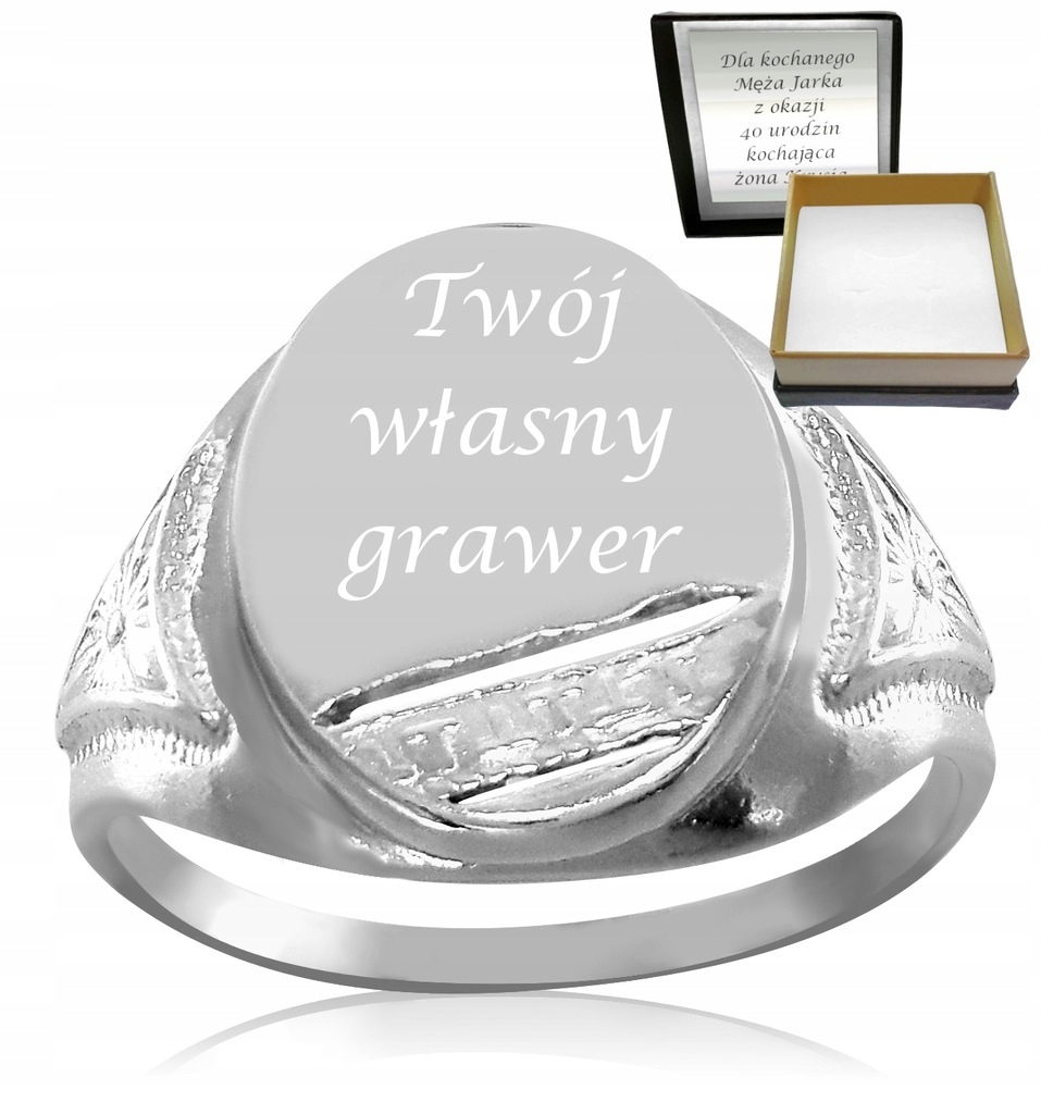 SREBRNY SYGNET Z ORNAMENTAMI OWAL 925 + GRAWER
