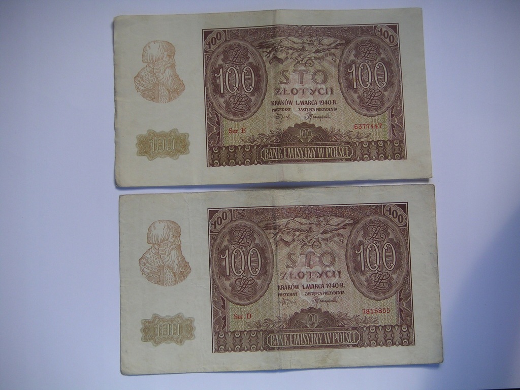 zestaw 2 x 100 złotych z 1940 r. serie D i E