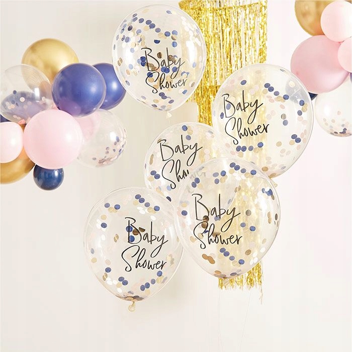 5 niebieskich balonów z konfetti BABY SHOWER 30cm BALONY Z KONFETTI