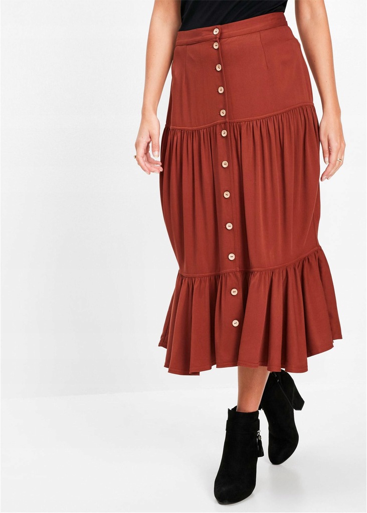 SPÓDNICA MIDI Z PLISĄ GUZIKOWĄ I FALBANĄ BRĄZOWA 1I3F13 Bonprix 42