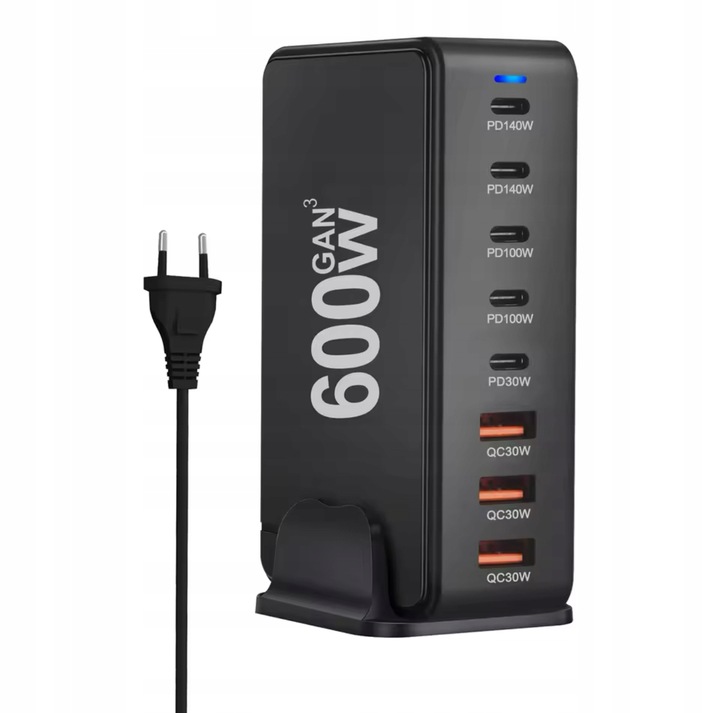 WIELOFUNKCYJNA ŁADOWARKA 600W GaN III 8-w-1,GNIAZDA 5 USB-C PD 140W 100W