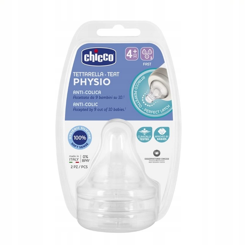 Chicco Physio Smoczek antykolkowy na butelkę przepływ szybki 4m+ 2szt P1