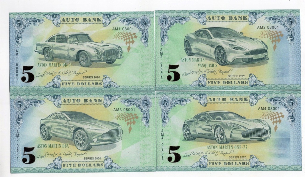 Banknoty fantazyjne samochody Aston Martin 4 szt