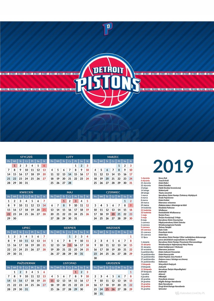 Kalendarz 2019 Detroit Pistons