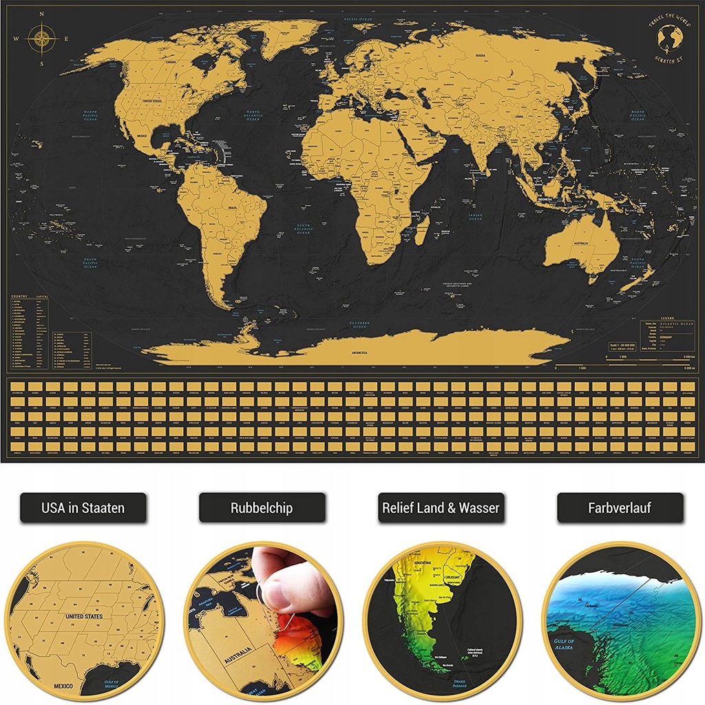 Mapa świata zdrapka złota XXL 84 x 55 cm ENG