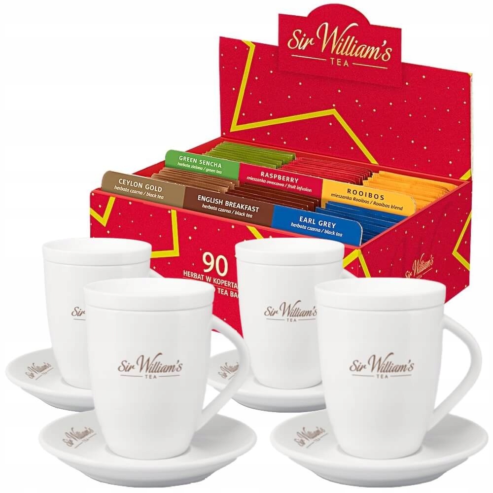 Sir William's 90 herbat w pudełku upominkowym i 4 kubki 250 ml z wieczkammi