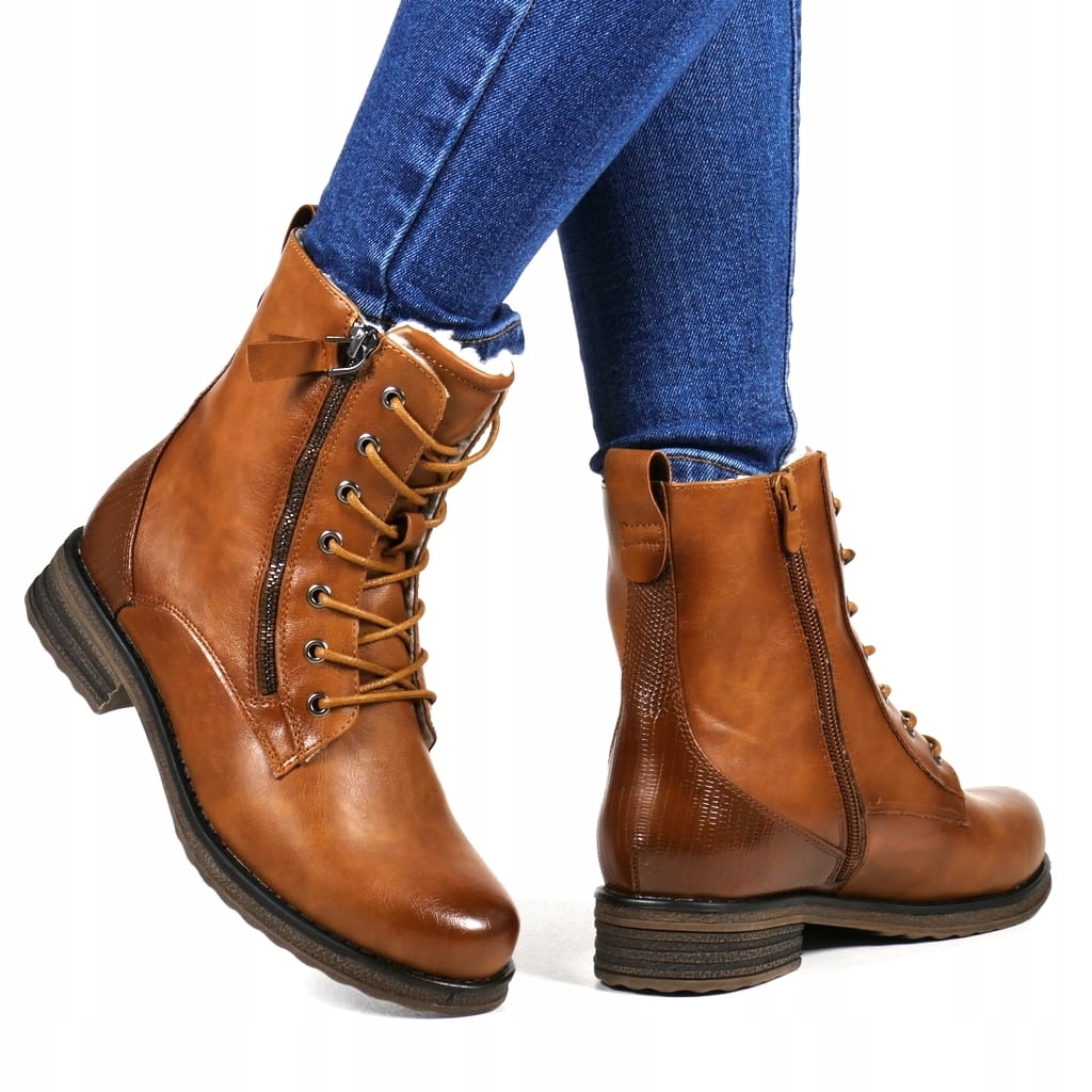 BRĄZOWE BEŻOWE BOTKI TRAPERY DAMSKIE CAMELOWE NA ZAMEK Z FUTERKIEM PŁASKIE