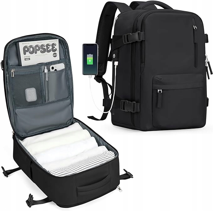 PLECAK PODRÓŻNY KABINOWY RYANAIR TORBA KABINOWA CZARNY 40x20x25 WYJŚCIE USB