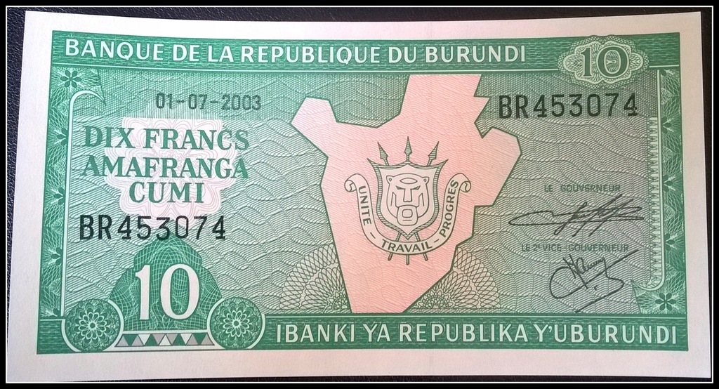 Banknot Burundi 10 Franków 2003r. UNC