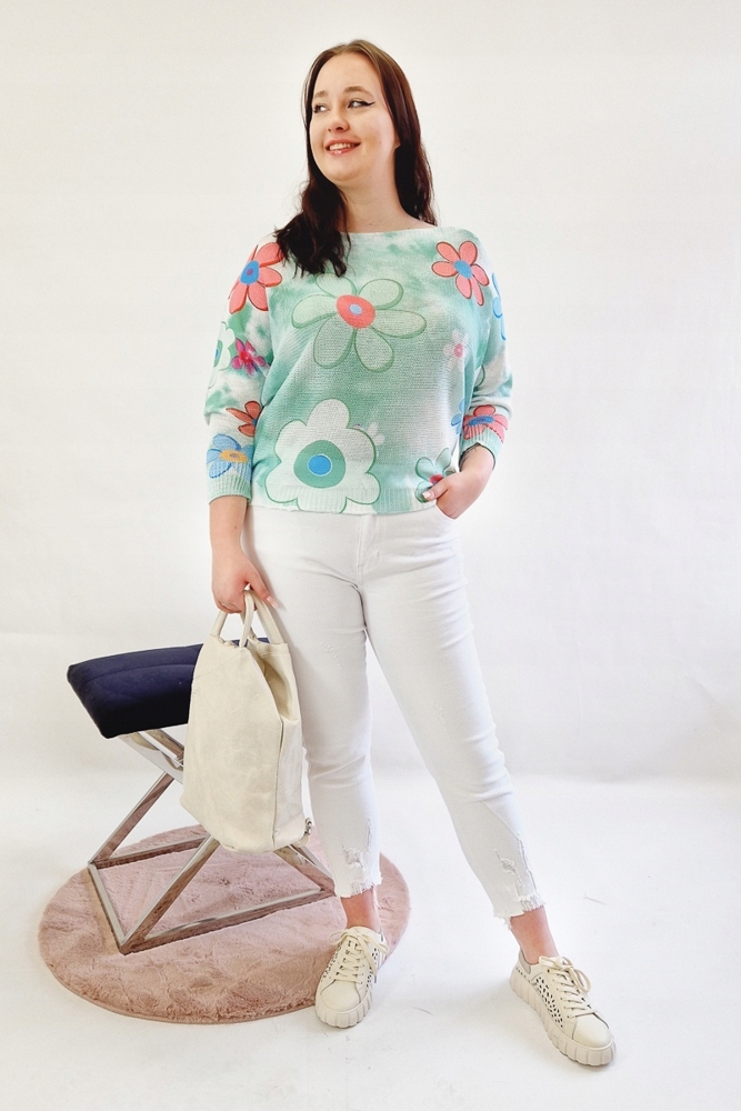 Sweter w Kwiaty z Okrągłym Dekoltem Zielony UNI